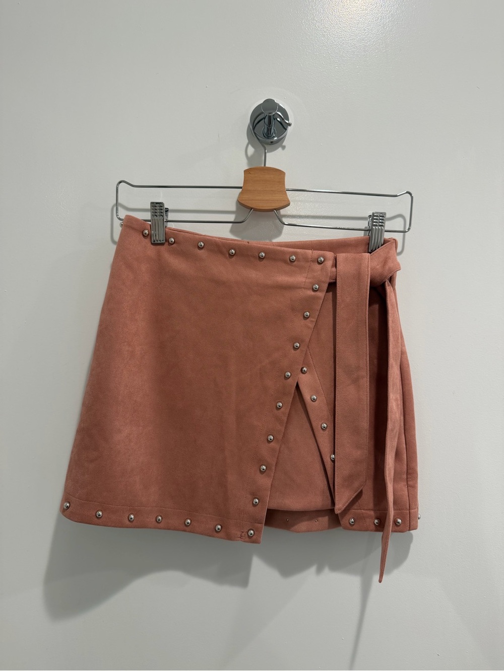 superdown Dusty Rose Suede-Look Wrap Mini Skirt with Studs